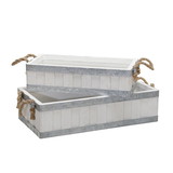 Benjara BM221107 Plank Style Rectangular Wooden Tray Rope Handle, Set of 2, White