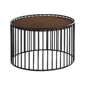 Benjara BM221186 Circular Cage Shaped Metal End Table with Wood Top, Brown and Black