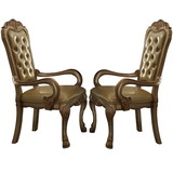 Benjara BM221496 Leatherette Upholstered Arm Chair with Intricate Carvings, Set of 2, Gold