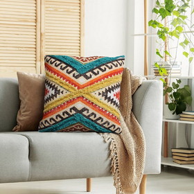 Benjara BM221647 18 x 18 Square Cotton Accent Throw Pillow, Aztec Tribal Inspired Pattern, Trimmed Fringes, Multicolor