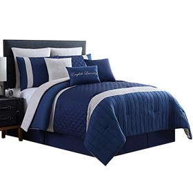 Benjara BM222818 Basel Pleated Queen Comforter Set with Diamond Pattern The Urban Port, Blue and White