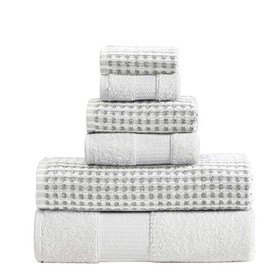 Benjara BM222848 Porto 6 Piece Dual Tone Towel Set with Jacquard Grid Pattern The Urban Port, White