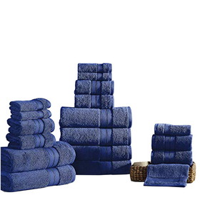 Benjara BM222875 Bergamo 18 Piece Spun loft Towel Set with Striped Pattern The Urban Port, Dark Blue