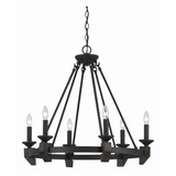 Benjara BM223076 6 Bulb Metal Frame Wagon Wheel Candle Chandelier with Wooden Accents, Black