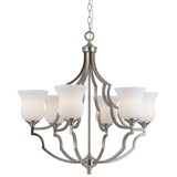 Benjara BM223080 6 Bulb Uplight Chandelier with Metal Frame and Glass Shades, Silver and White