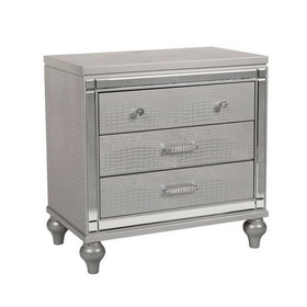 Benjara BM223289 3 Drawer Wooden Nightstand with Mirror Accents and Faux Crystal Pulls, Gray