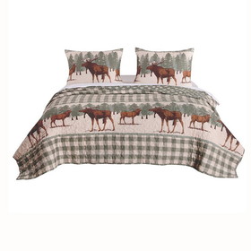 Benjara BM223379 Fabric King Size Quilt Set with Animal and Plaid Print, Green and Brown - BM223379