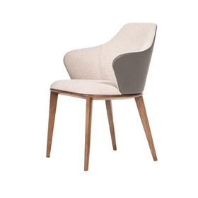 Benjara BM223444 Fabric and Leatherette Dining Chair with Wooden Legs, Beige and Gray