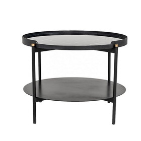 Benjara BM223449 Round Metal Coffee Table with Marble Painted Tray Top, Black