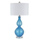 Benjara BM223593 Resin Table Lamp with Turned Body and Fabric Drum Shade, Blue and White