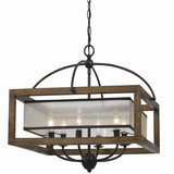 Benjara BM223594 6 Bulb Square Chandelier with Wooden Frame and Organza Striped Shade, Brown