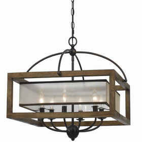 Benjara BM223594 6 Bulb Square Chandelier with Wooden Frame and Organza Striped Shade, Brown