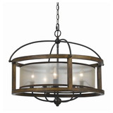 Benjara BM223597 5 Bulb Round Chandelier with Wooden Frame and Organza Striped Shade, Brown