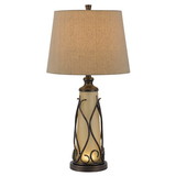 Benjara BM223622 3 Way Table Tamp with Frosted Glass Body and Fabric Shade, Beige and Bronze