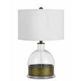 Benjara BM224696 3 Way Table Lamp with Glass Round Base and Antique Brass Accent, White