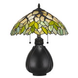 Benjara BM224791 2 Bulb Tiffany Table Lamp with Leaf Design Glass Shade, Multicolor