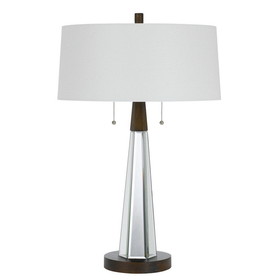 Benjara BM224805 Fabric Shade Table Lamp with Faceted Mirror and Wooden Base, White