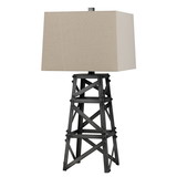 Benjara BM224828 Metal Body Table Lamp with Tower Design and Fabric Shade, Gray and Beige