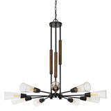 Benjara BM224856 Metal Chandelier with Spoke Design Glass Shade and Wooden Accent, Black