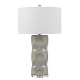 Benjara BM224862 150 Watt Textured Ceramic Frame Table Lamp with Fabric Shade, White and Gray