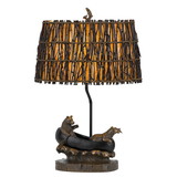 Benjara BM224872 150W 3 Way Bear Canoe Table Lamp with Oval Wicker Shade, Antique Bronze