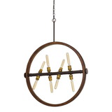 Benjara BM224893 Round Wood Frame Chandelier with Metal Rod and Glass Shade, Bronze and Brown
