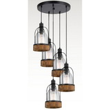 Benjara BM224918 5 Bulb Wind Chime Design Pendant Fixture with Wooden and Glass Shade, Black