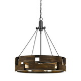 Benjara BM224920 6 Bulb Round Wooden Frame Chandelier with Geometric Cut Our Design, Brown