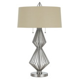 Benjara BM224921 Geometric Body Metal Table Lamp with Fabric Drum Shade, Silver and Beige