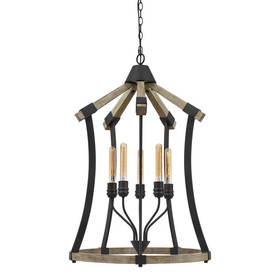 Benjara BM224958 5 Bulb Pendant Fixture with Wooden and Metal Frame, Brown and Black