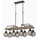 Benjara BM224975 8 Bulb Chandelier with Wooden Frame and Metal Orb Shades, Brown and Black