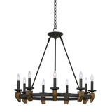 Benjara BM224977 9 Bulb Round Metal Chandelier with Candle Lights and Wooden accents, Black