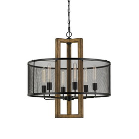 Benjara BM225009 60 X 6 Wooden Chandelier with Round Metal Mesh Shade, Black and Brown