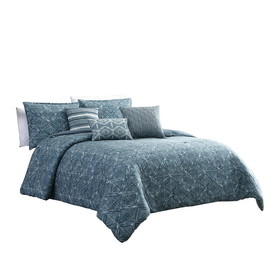 Benjara BM225144 7 Piece Queen Size Cotton Comforter Set with Geometric Print, Blue