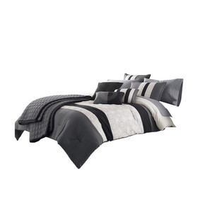 Benjara BM225149 7 Piece King Size Cotton Comforter Set with Geometric Print, Gray and Black