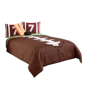 Benjara BM225153 5 Piece Twin Comforter Set with Football Field Print, Brown and Green