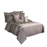 Benjara BM225168 9 Piece Queen Polyester Comforter Set with Leaf Print, Platinum Gray