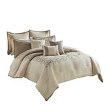 Benjara BM225170 9 Piece Queen Polyester Comforter Set with Damask Print, Cream and Gold