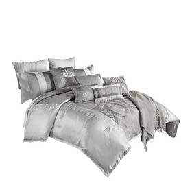 Benjara BM225173 12 Piece King Polyester Comforter Set with Medallion Print, Platinum Gray
