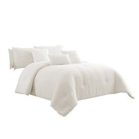 Benjara BM225177 7 Piece Cotton King Comforter Set with Fringe Details, White