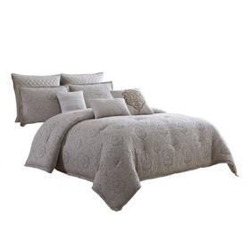 Benjara BM225179 10 Piece King Cotton Comforter Set with Textured Floral Print, Gray