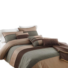 Benjara BM225183 7 Piece King Polyester Comforter Set with Pleats and Texture, Gray and Brown