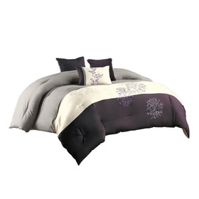 Benjara BM225190 7 Piece Queen Polyester Comforter Set with Leaf Embroidery, Gray and Purple