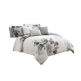 Benjara BM225191 7 Piece Cotton King Comforter Set with Floral Print, Gray and White