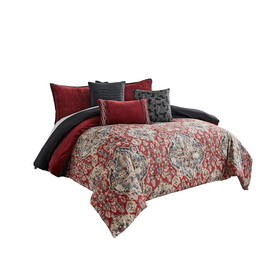 Benjara BM225195 10 Piece King Size Comforter Set with Medallion Print, Red and Blue