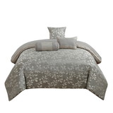 Benjara BM225197 King Size 7 Piece Fabric Comforter Set with Leaf Prints, Gray