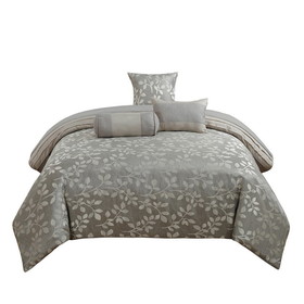 Benjara BM225198 Queen Size 7 Piece Fabric Comforter Set with Leaf Prints, Gray
