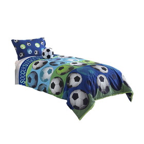 Benjara BM225199 3 Piece Twin Size Comforter Set with Soccer Theme, Multicolor