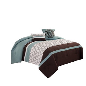 Benjara BM225203 Quatrefoil King Size 8 Piece Fabric Comforter Set, Brown and Blue