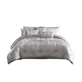 Benjara BM225205 King Size 7 Piece Fabric Comforter Set with Crinkle Texture, Silver